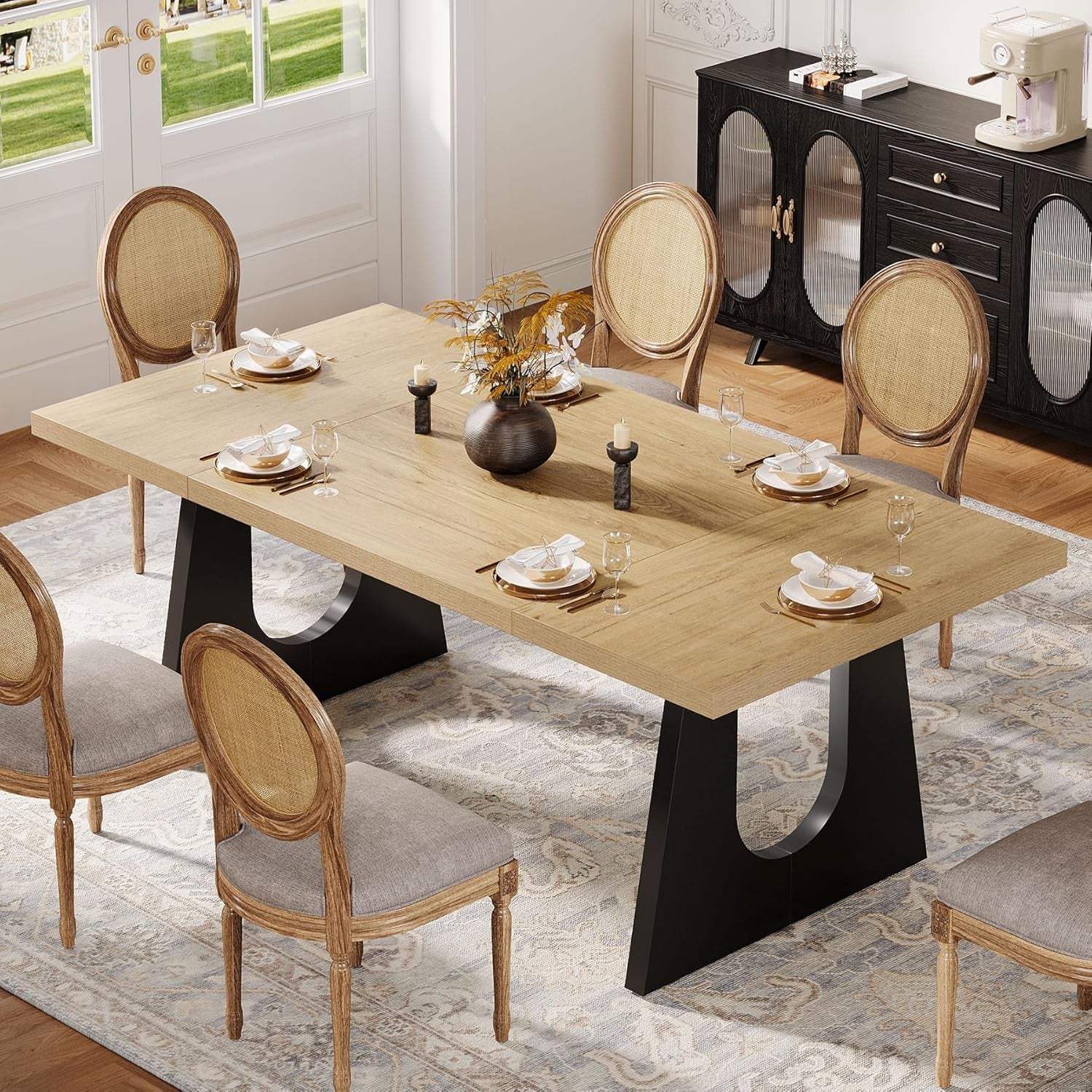 Oak And Black Rustic Dining Table 70.9 Inch For 6 To 8 People