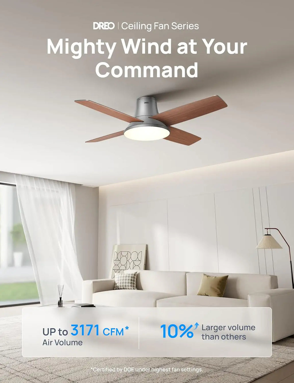 Smart Ceiling Fan 44 Inch Silver With Dimmable LED Light
