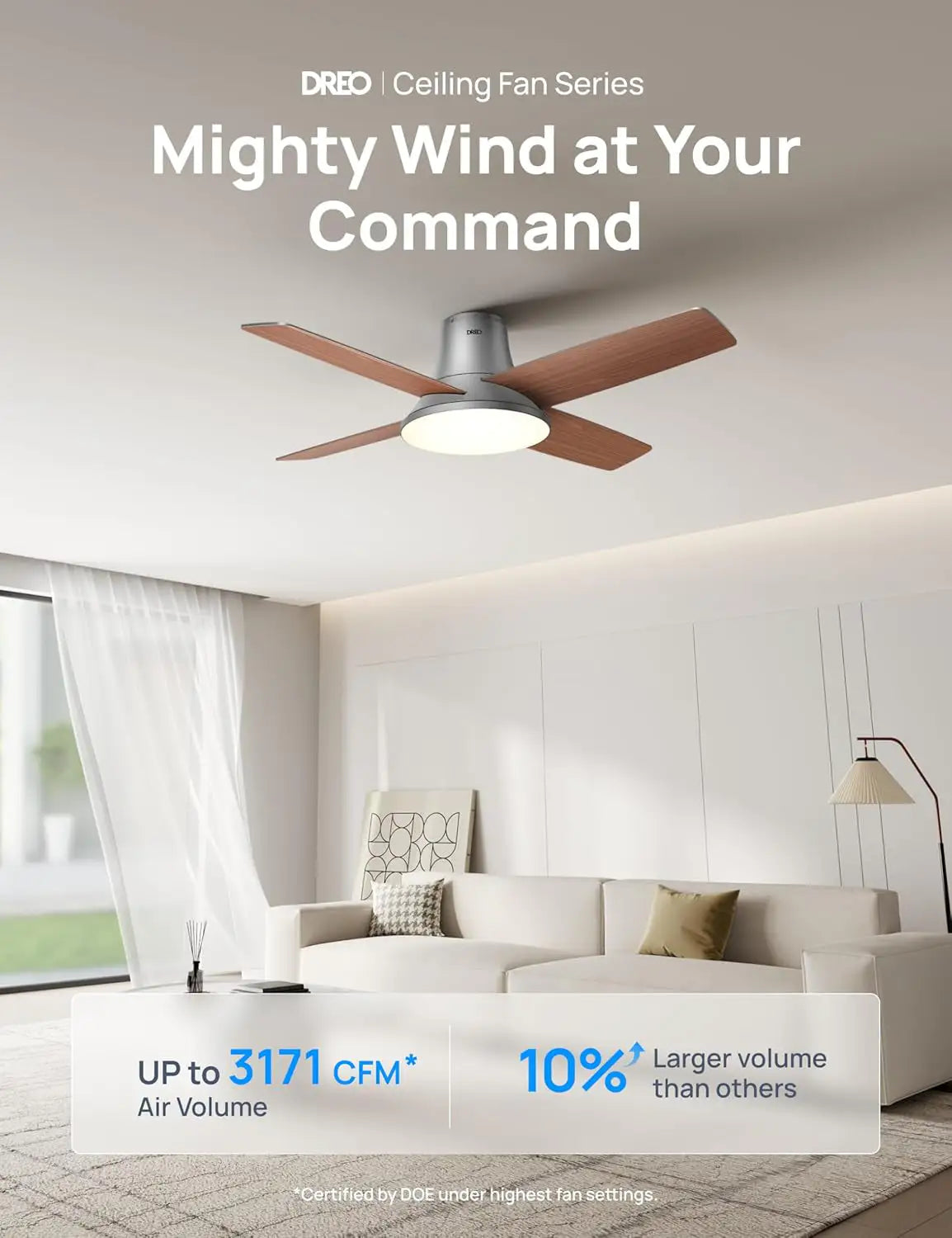 Smart Ceiling Fan 44 Inch Silver With Dimmable LED Light