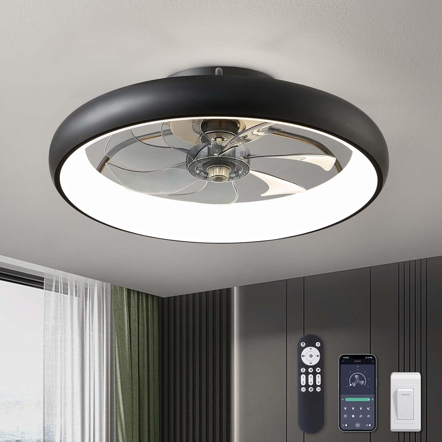 20 Inch Black Flush Mount Ceiling Fan With Dimmable Lights