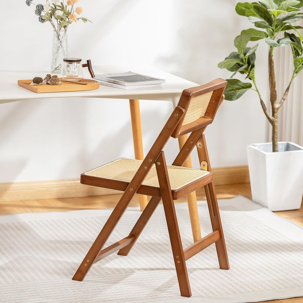 Rattan Folding Chair Walnut Finish Indoor Outdoor Dining