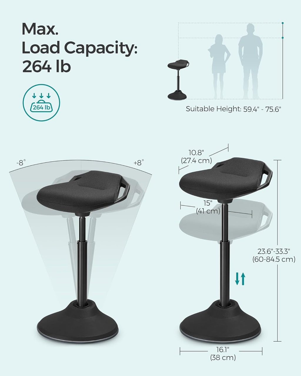 Adjustable Standing Desk Chair Black 23.6 To 33.3 Inches