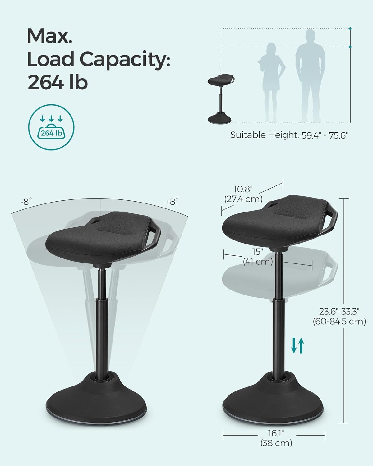 Adjustable Standing Desk Chair Black 23.6 To 33.3 Inches