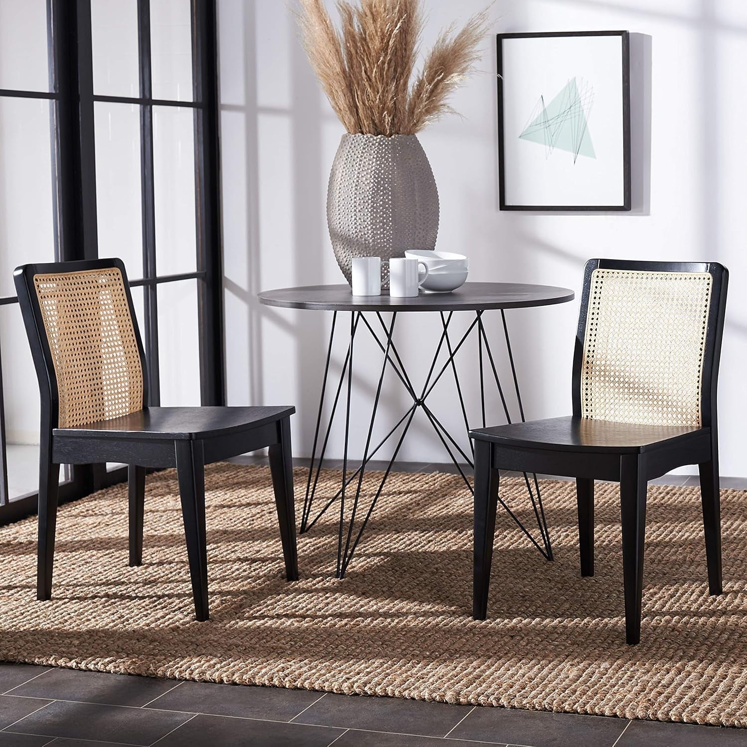 Dining Chairs Set Of 2 Black Natural Rattan Back For Dining Room