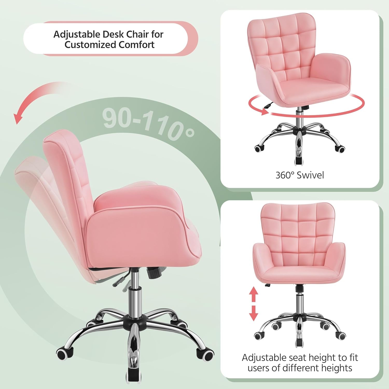 Pink Ergonomic Chair With Adjustable Height