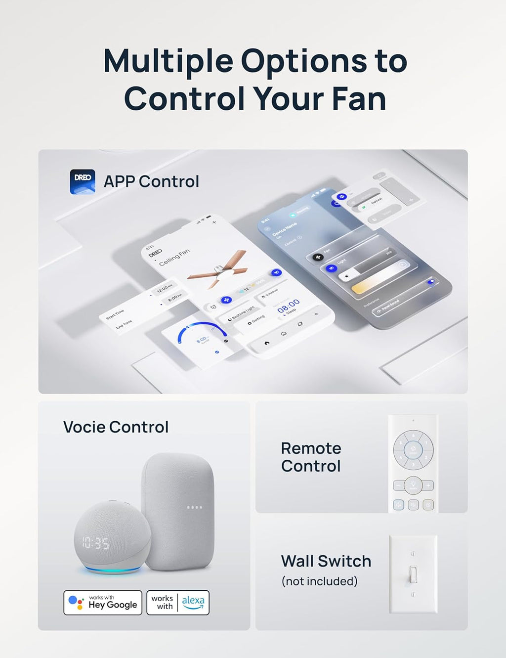 Various methods to control a fan including app control, voice control, and remote control.