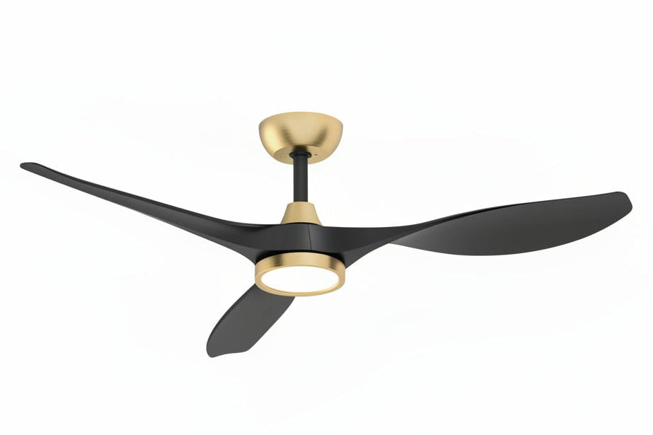 Ceiling fan in a modern bedroom with cityscape view