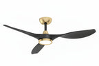 Ceiling fan in a modern bedroom with cityscape view