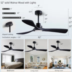52 Inch Wood Ceiling Fan With Remote And Light Kit Black