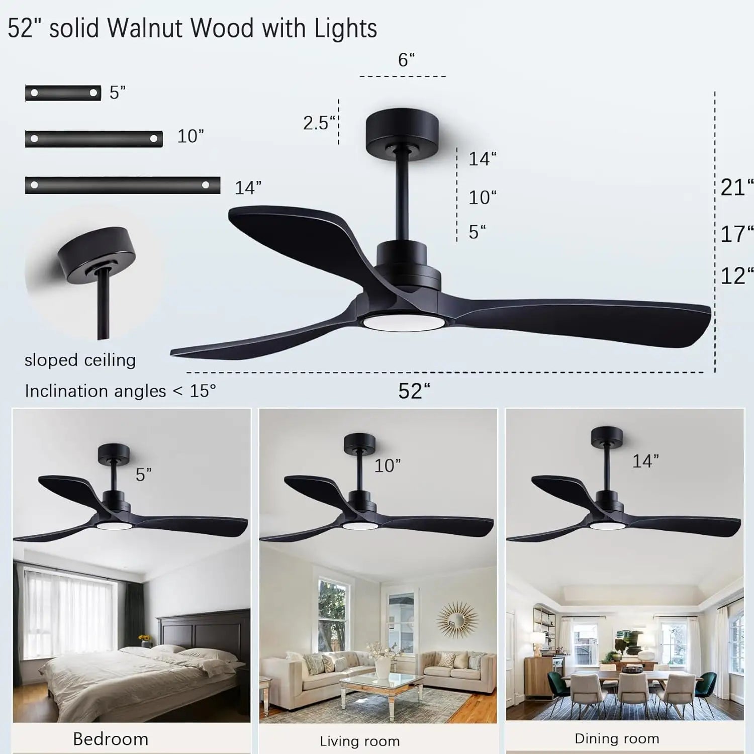 52 Inch Wood Ceiling Fan With Remote And Light Kit Black