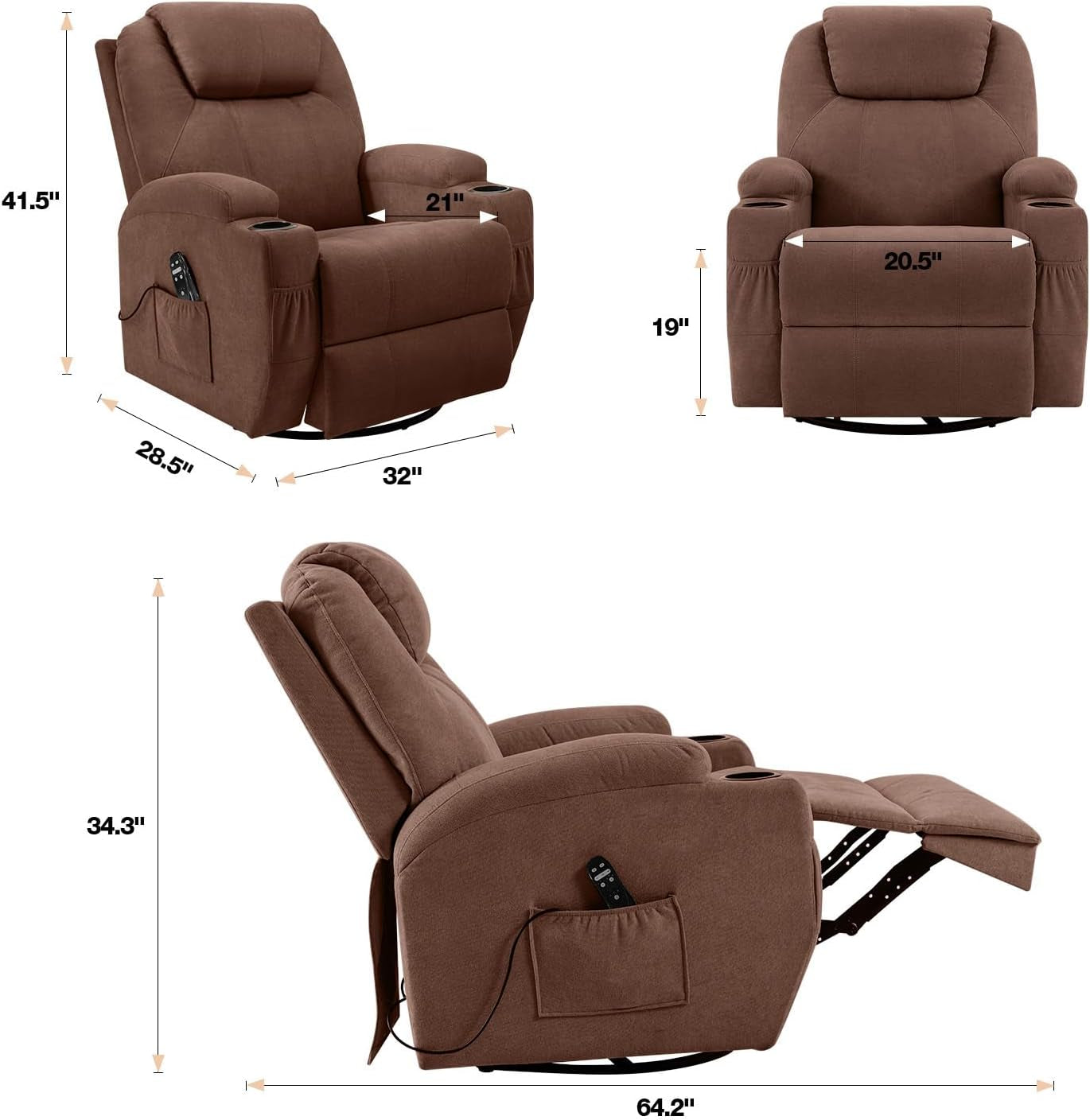 Brown Massage Swivel Recliner Rocking Chair Cup Holders