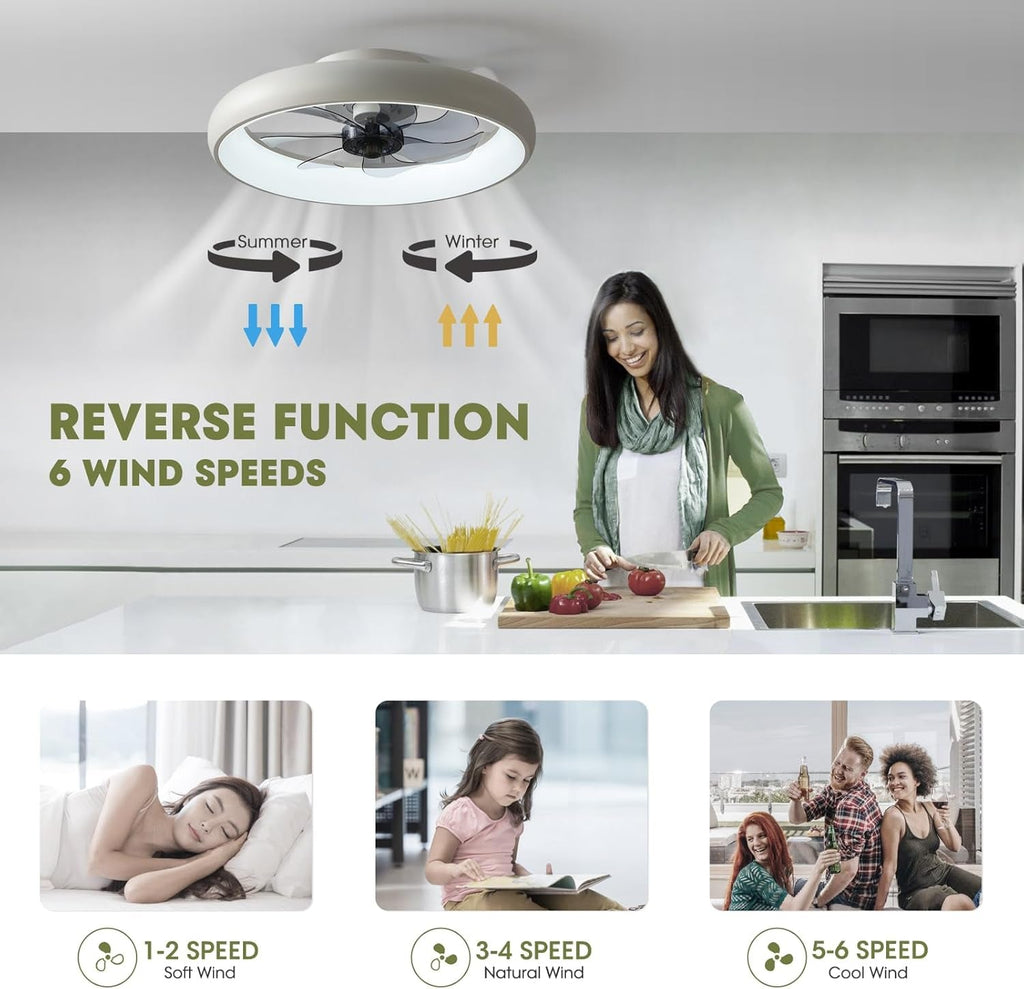 20 Inch Flush Mount Ceiling Fan With Lights Remote White Dimmable LED
