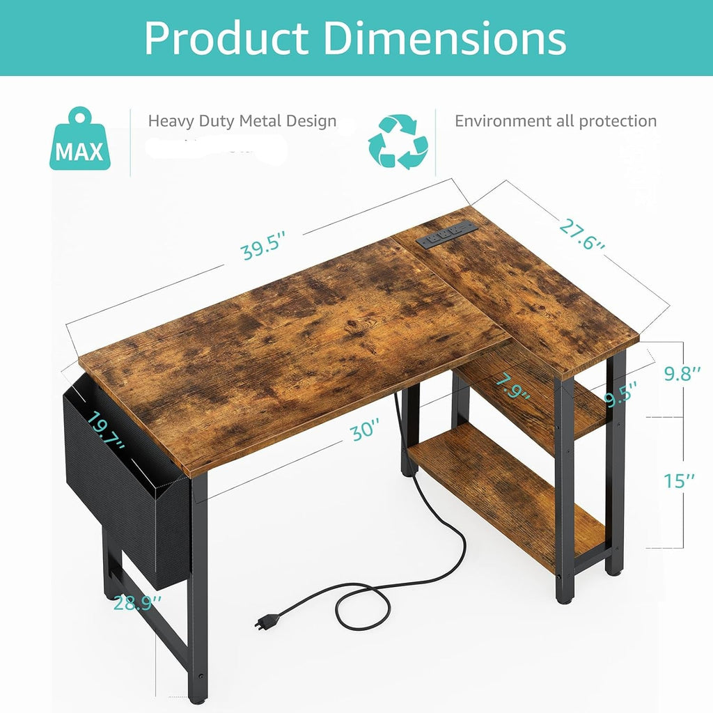 40 Inch L Shaped Desk With Power Outlet And Shelves Rustic Brown