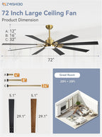 72 Inch Black And Gold Ceiling Fan With Remote Light