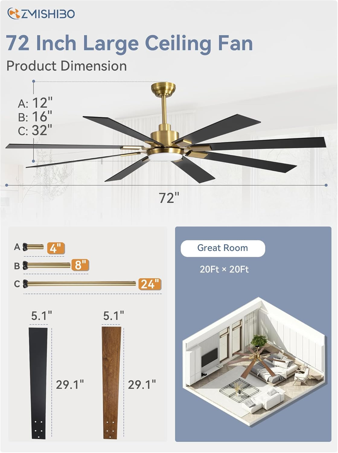 72 Inch Black And Gold Ceiling Fan With Remote Light