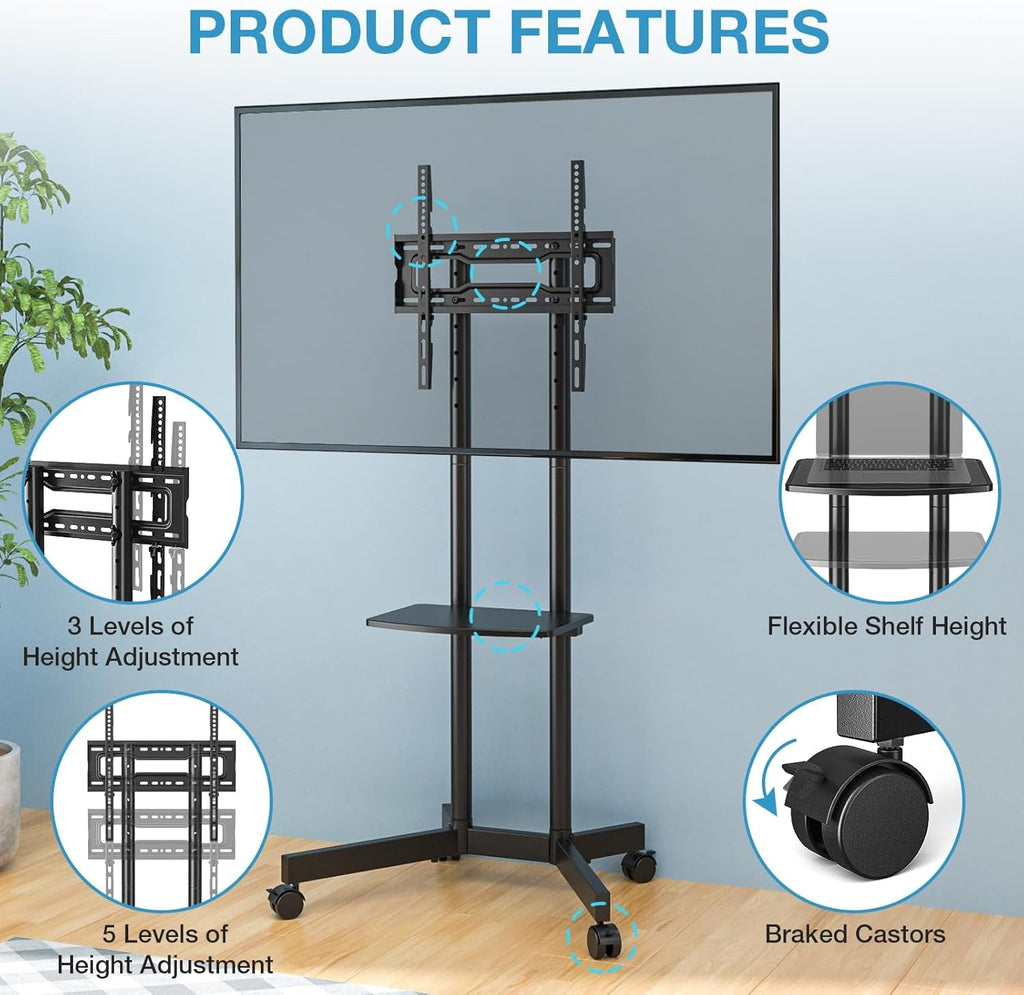 Rolling TV Stand 32-75 Inch With Height Adjustable Shelf