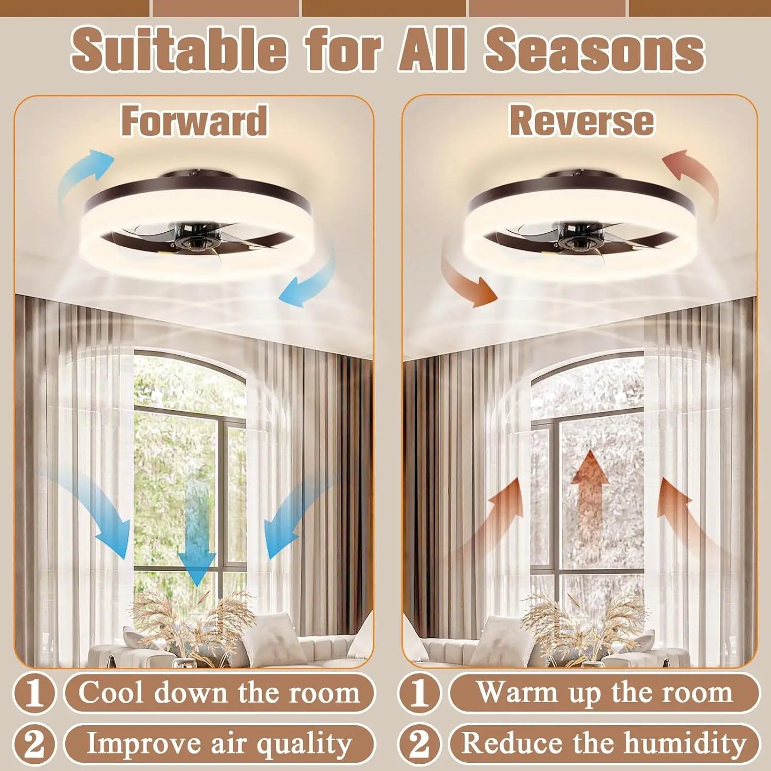 Brown Flush Mount Bladeless Fan Light With Dimmable LED
