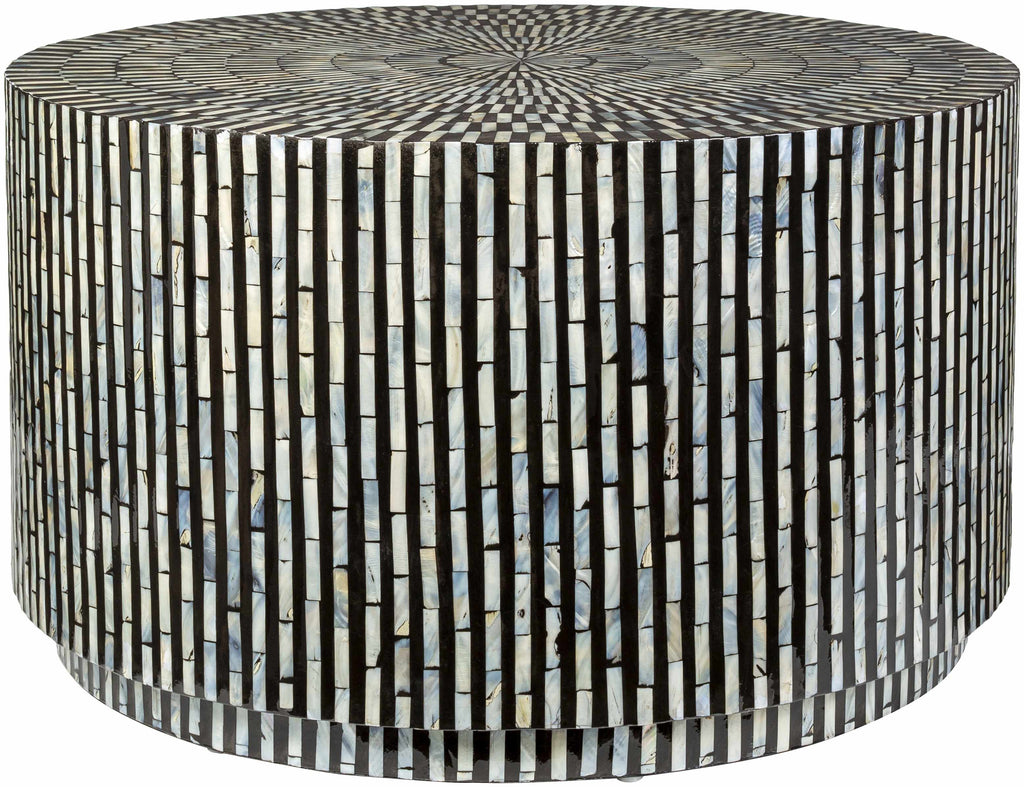 Round contemporary modern coffee table with black and white striped pattern on a white background