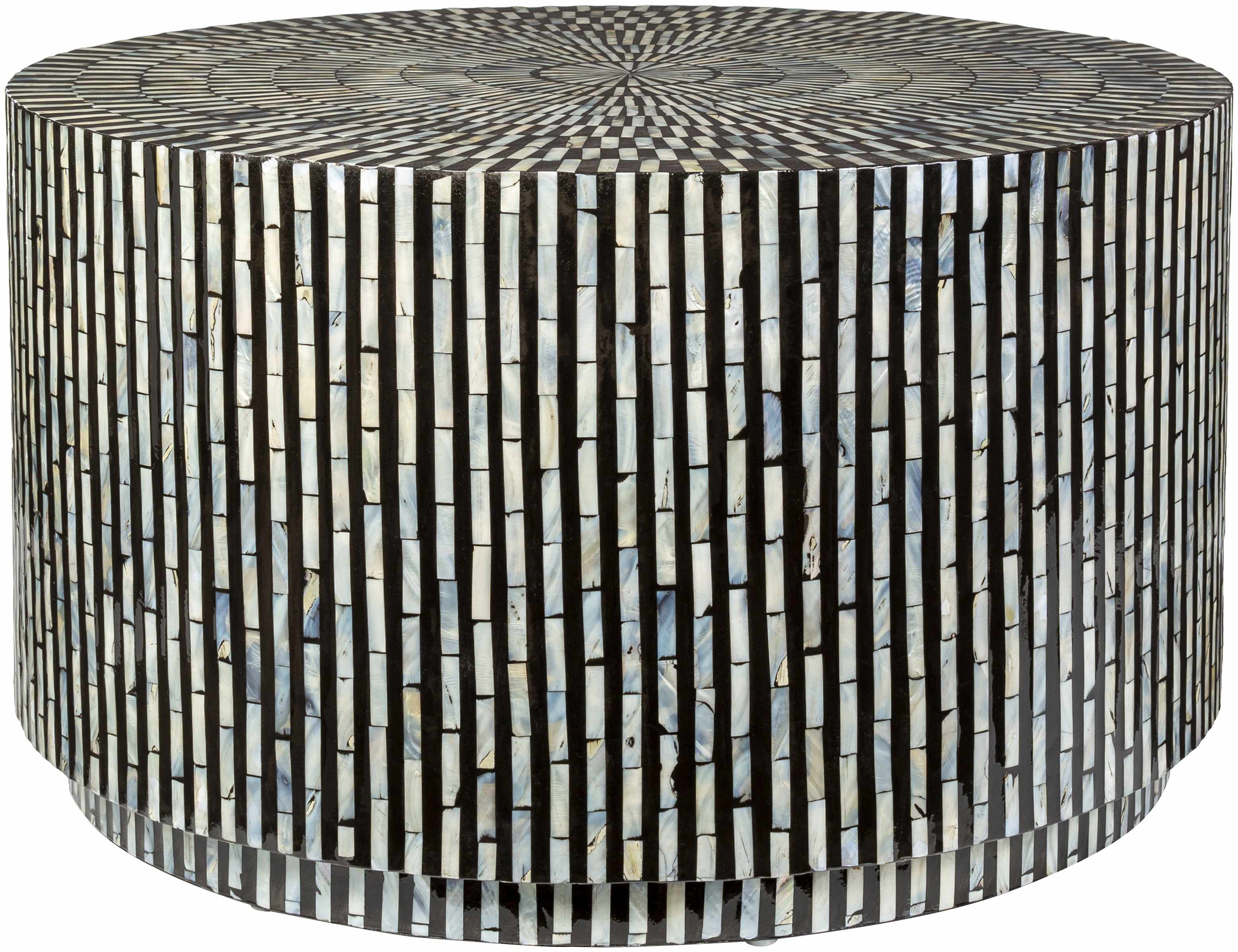 Round contemporary modern coffee table with black and white striped pattern on a white background